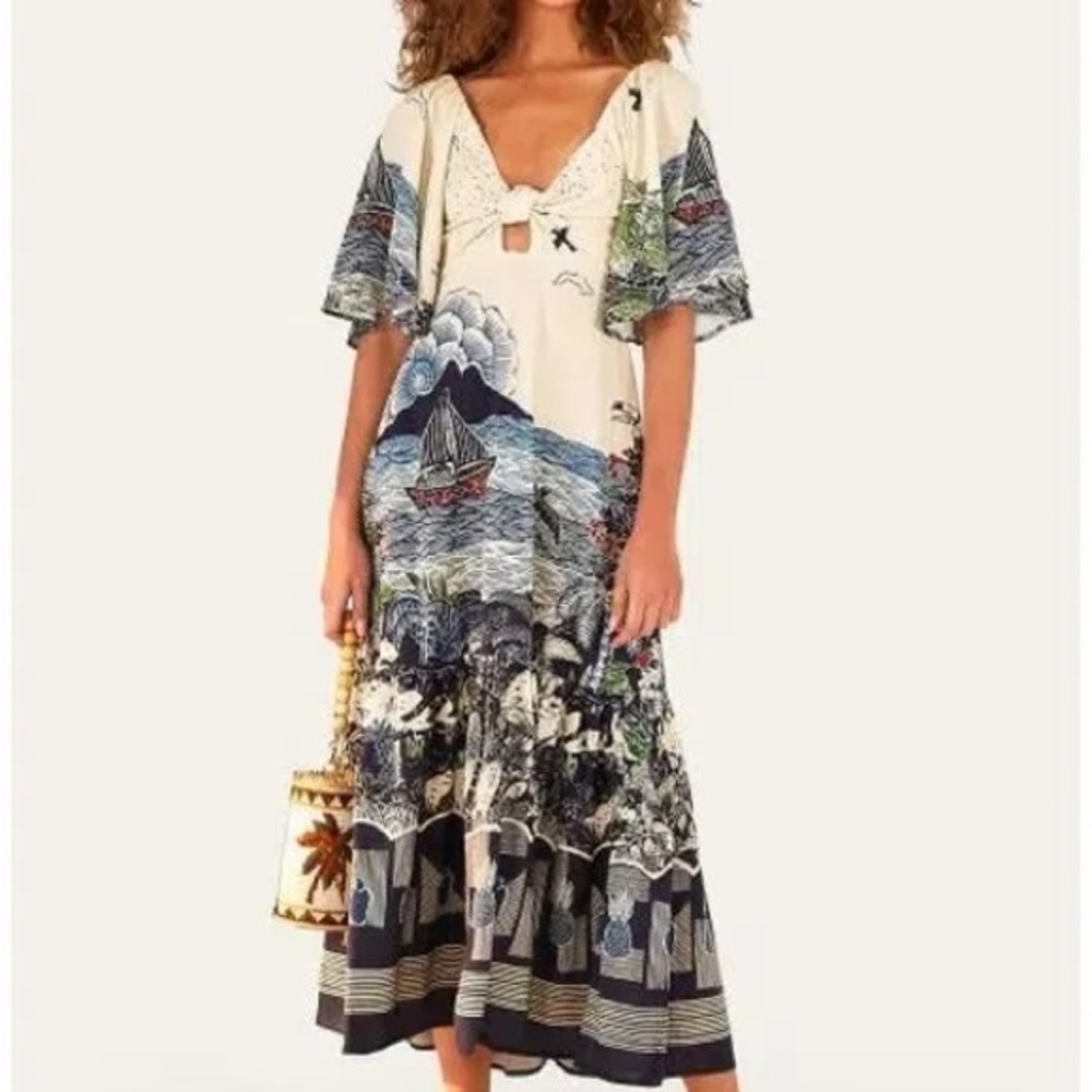 RARE Farm Rio Blue Palm Print Dress size M